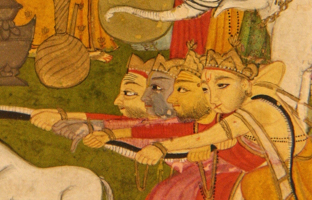 Indian Miniature painting of the Churning of the Milky Ocean from the Vishnu Purana