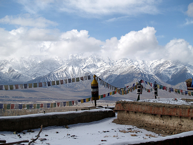 Prayer flags and mountains above Leh